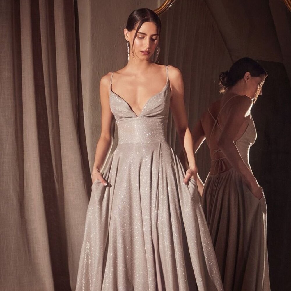 New Formal A-Line Glitter Prom Long Dress w/ Open Lace Up Back & V-Neck CD T214